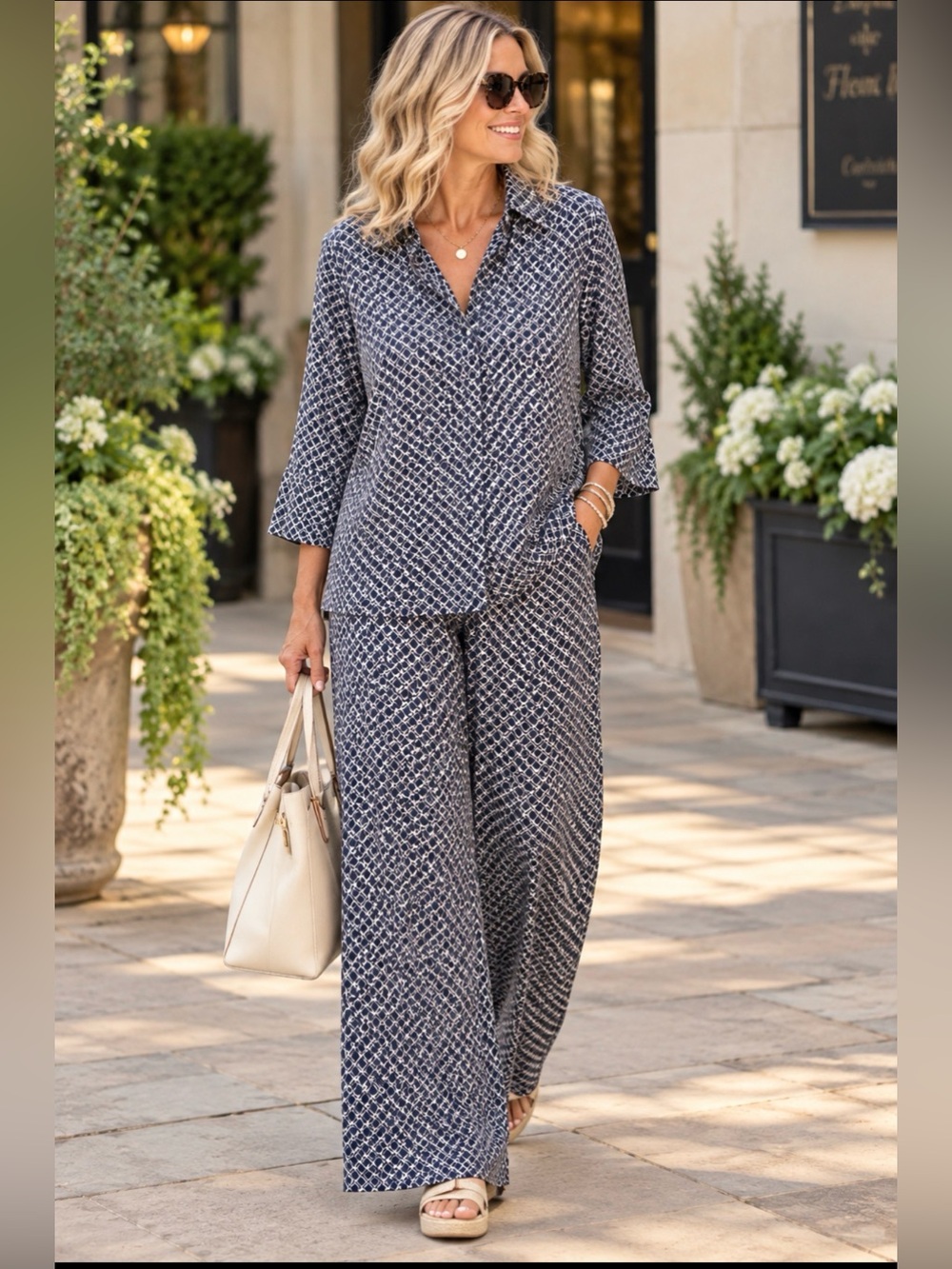ZARA Navy Geometric 2 Piece Matching Set Tunic Top Wide Leg Pants L